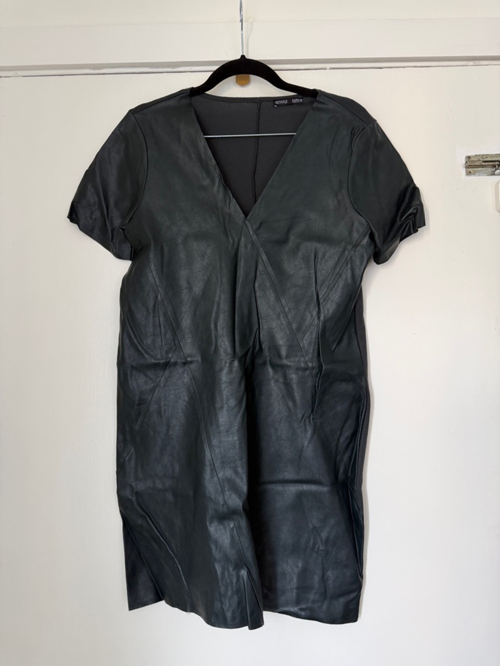 Zara Black Short-Sleeve Faux Leather V-Neck Dress